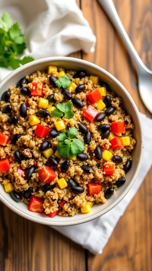 A colorful bowl of Mexican quinoa with black beans, corn, and bell peppers, garnished with cilantro, on a rustic table.